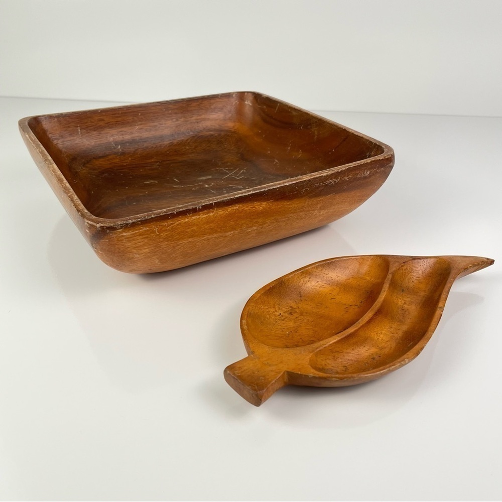 Vintage Wooden Square Bowl and Palm Leaf Dish Set